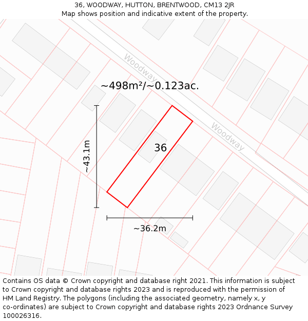 36, WOODWAY, HUTTON, BRENTWOOD, CM13 2JR: Plot and title map