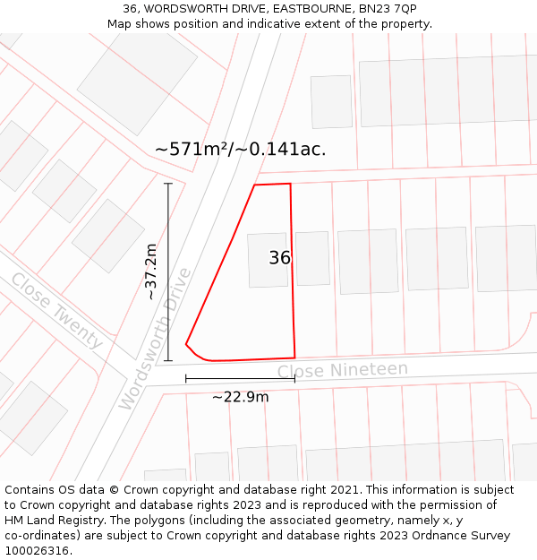 36, WORDSWORTH DRIVE, EASTBOURNE, BN23 7QP: Plot and title map