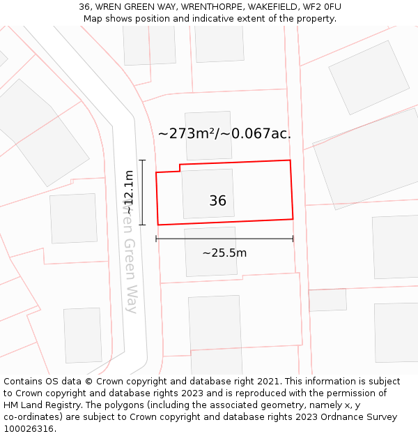 36, WREN GREEN WAY, WRENTHORPE, WAKEFIELD, WF2 0FU: Plot and title map