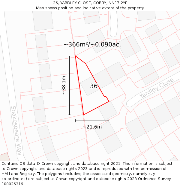 36, YARDLEY CLOSE, CORBY, NN17 2YE: Plot and title map