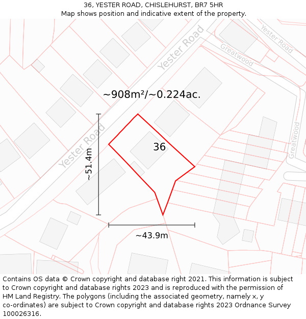 36, YESTER ROAD, CHISLEHURST, BR7 5HR: Plot and title map