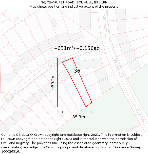 36, YEWHURST ROAD, SOLIHULL, B91 1PN: Plot and title map