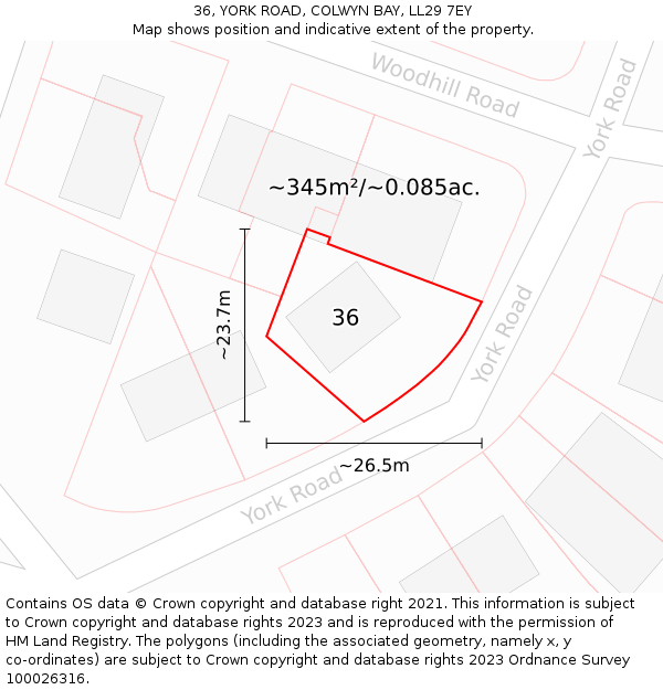 36, YORK ROAD, COLWYN BAY, LL29 7EY: Plot and title map