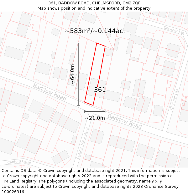 361, BADDOW ROAD, CHELMSFORD, CM2 7QF: Plot and title map