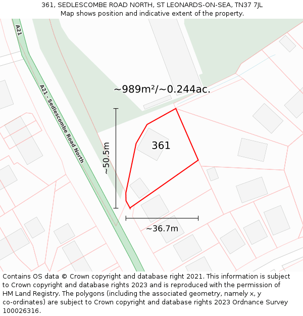 361, SEDLESCOMBE ROAD NORTH, ST LEONARDS-ON-SEA, TN37 7JL: Plot and title map