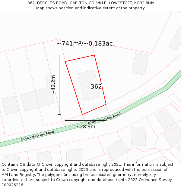 362, BECCLES ROAD, CARLTON COLVILLE, LOWESTOFT, NR33 8HN: Plot and title map