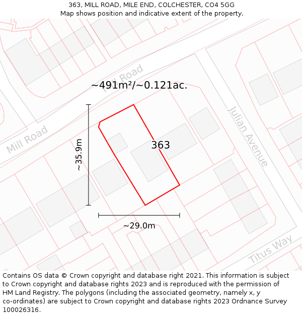 363, MILL ROAD, MILE END, COLCHESTER, CO4 5GG: Plot and title map