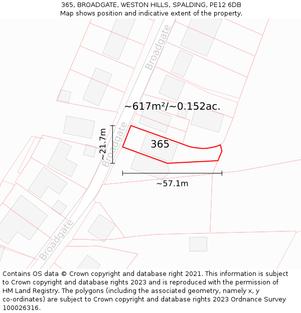 365, BROADGATE, WESTON HILLS, SPALDING, PE12 6DB: Plot and title map
