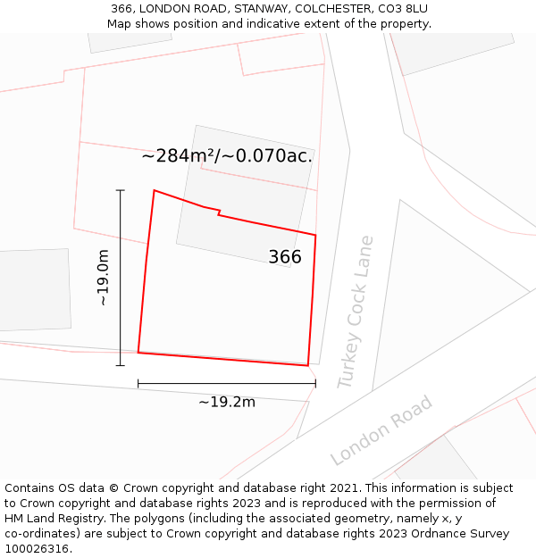 366, LONDON ROAD, STANWAY, COLCHESTER, CO3 8LU: Plot and title map