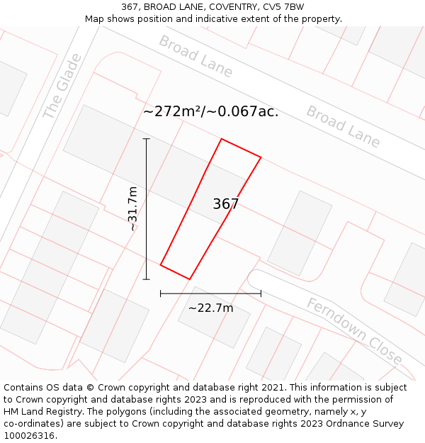 367, BROAD LANE, COVENTRY, CV5 7BW: Plot and title map