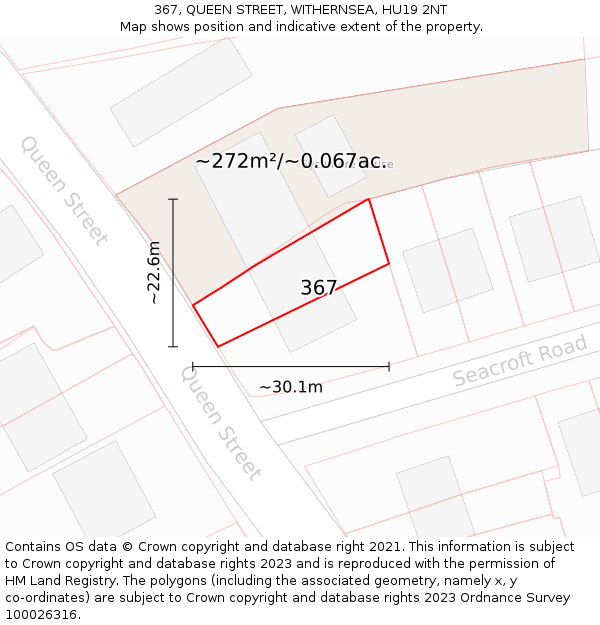 367, QUEEN STREET, WITHERNSEA, HU19 2NT: Plot and title map