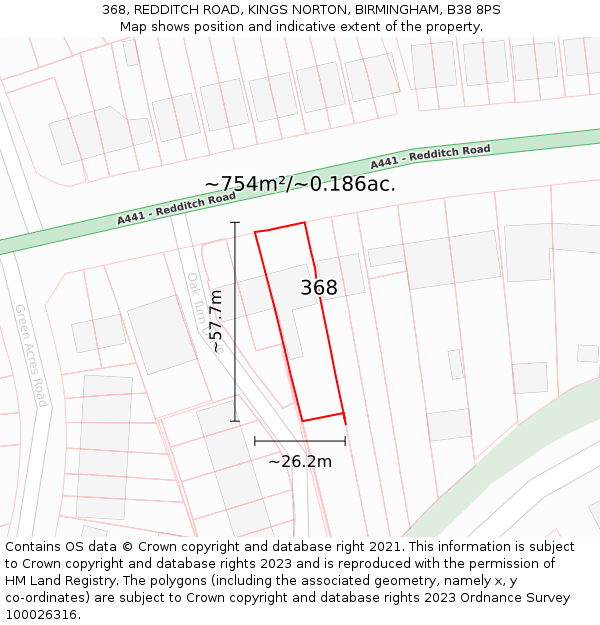 368, REDDITCH ROAD, KINGS NORTON, BIRMINGHAM, B38 8PS: Plot and title map