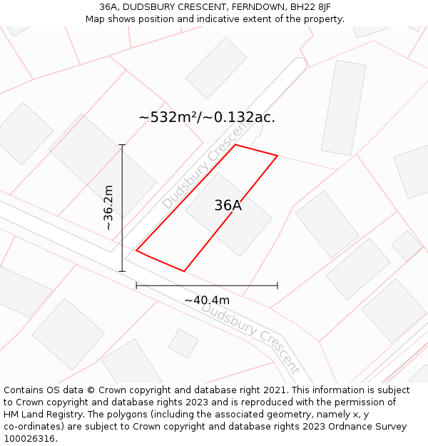 36A, DUDSBURY CRESCENT, FERNDOWN, BH22 8JF: Plot and title map
