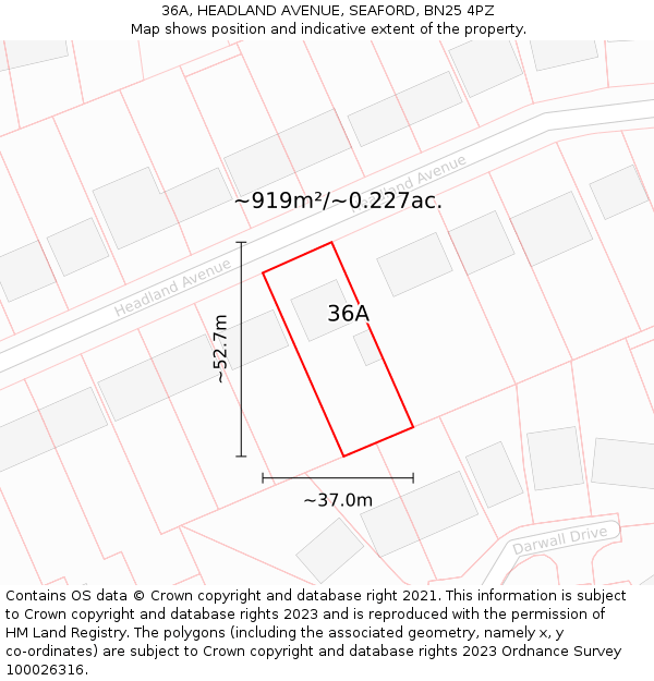 36A, HEADLAND AVENUE, SEAFORD, BN25 4PZ: Plot and title map