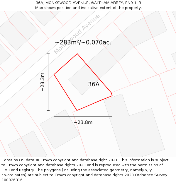 36A, MONKSWOOD AVENUE, WALTHAM ABBEY, EN9 1LB: Plot and title map