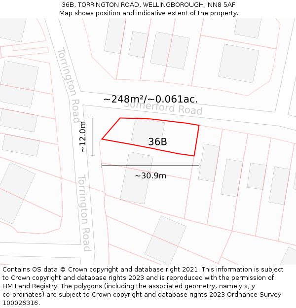 36B, TORRINGTON ROAD, WELLINGBOROUGH, NN8 5AF: Plot and title map