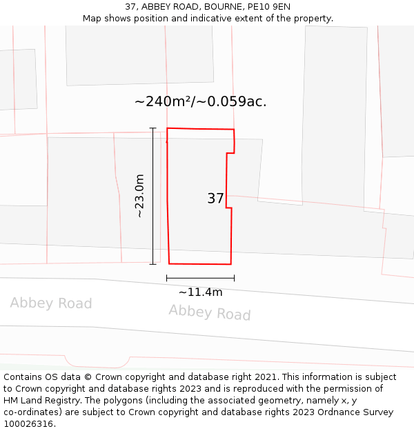 37, ABBEY ROAD, BOURNE, PE10 9EN: Plot and title map