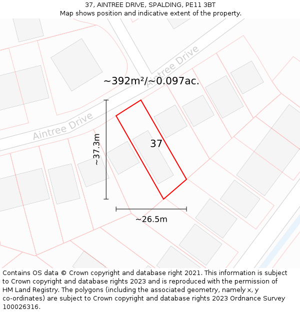 37, AINTREE DRIVE, SPALDING, PE11 3BT: Plot and title map