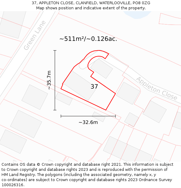 37, APPLETON CLOSE, CLANFIELD, WATERLOOVILLE, PO8 0ZG: Plot and title map