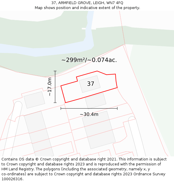 37, ARMFIELD GROVE, LEIGH, WN7 4FQ: Plot and title map