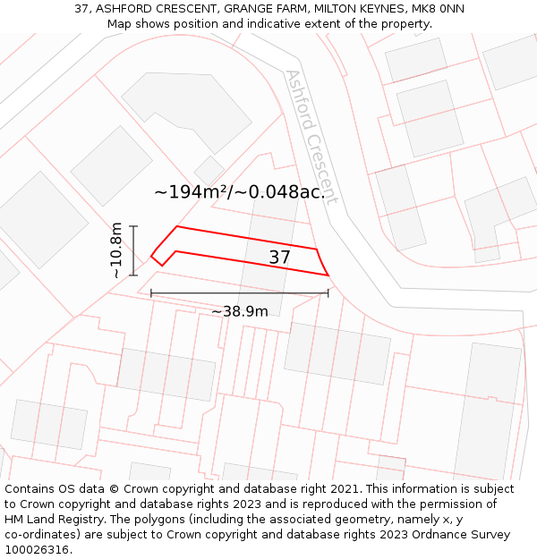 37, ASHFORD CRESCENT, GRANGE FARM, MILTON KEYNES, MK8 0NN: Plot and title map