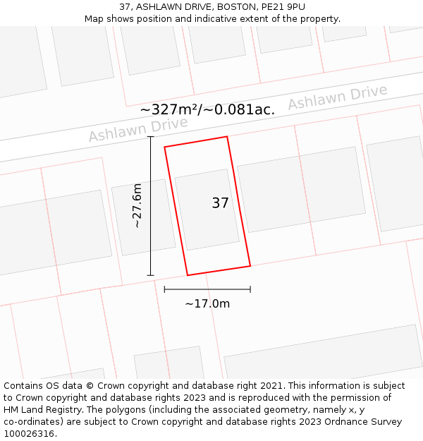 37, ASHLAWN DRIVE, BOSTON, PE21 9PU: Plot and title map