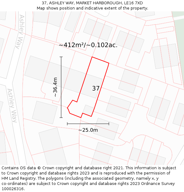 37, ASHLEY WAY, MARKET HARBOROUGH, LE16 7XD: Plot and title map