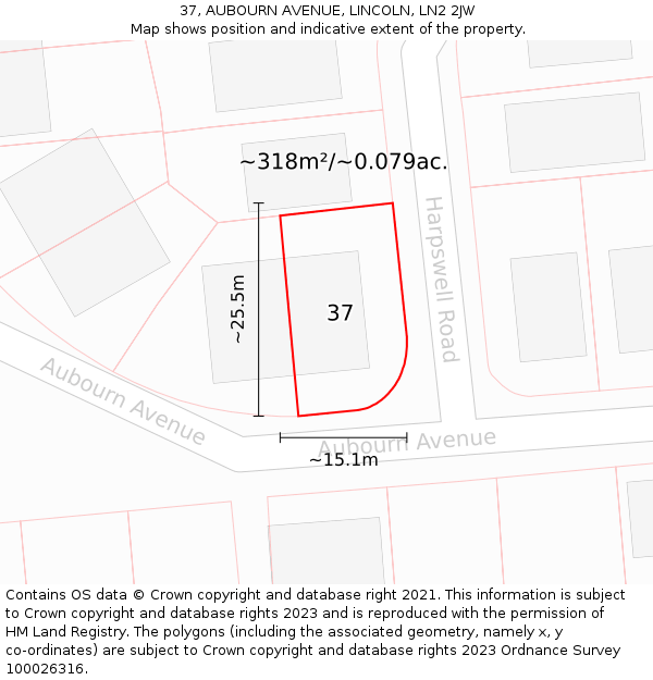37, AUBOURN AVENUE, LINCOLN, LN2 2JW: Plot and title map