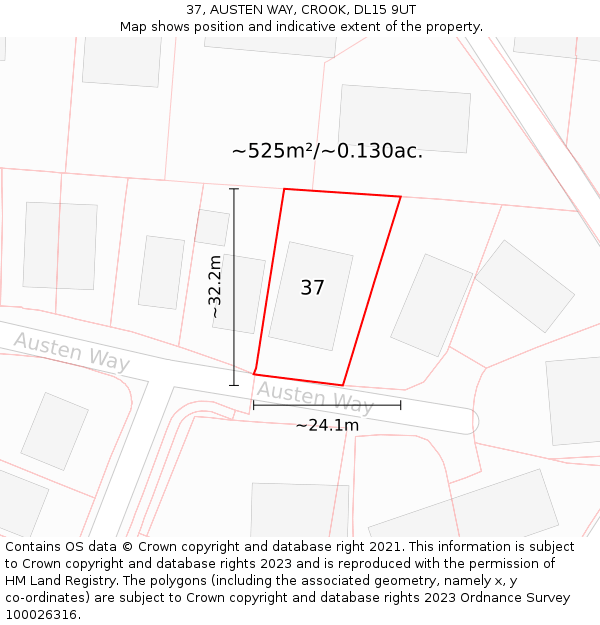 37, AUSTEN WAY, CROOK, DL15 9UT: Plot and title map