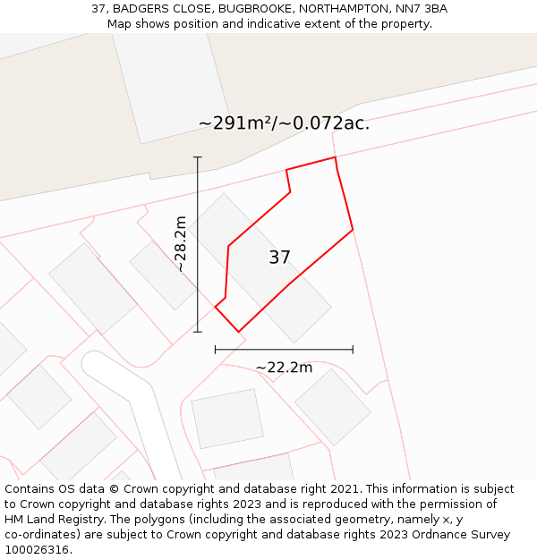 37, BADGERS CLOSE, BUGBROOKE, NORTHAMPTON, NN7 3BA: Plot and title map