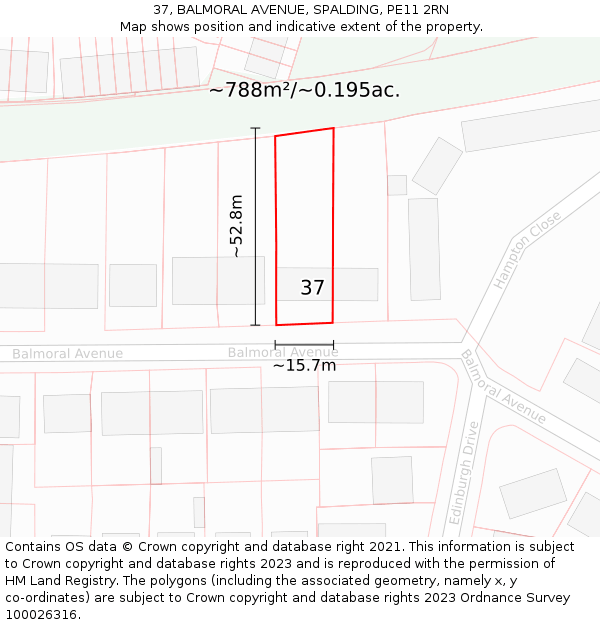 37, BALMORAL AVENUE, SPALDING, PE11 2RN: Plot and title map