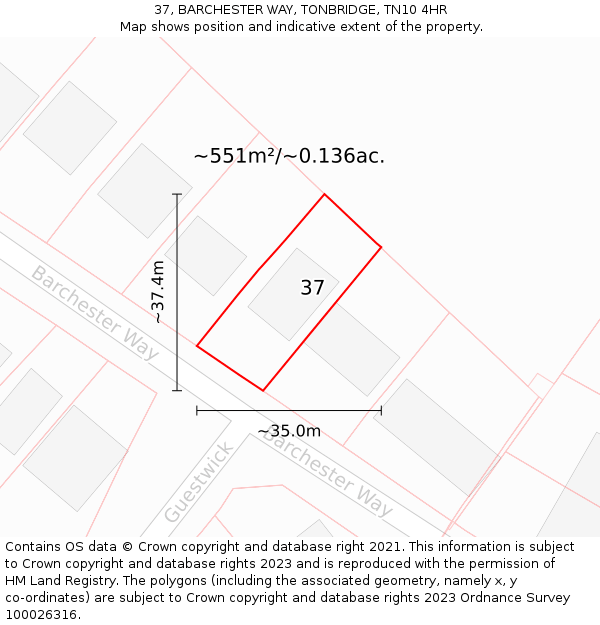 37, BARCHESTER WAY, TONBRIDGE, TN10 4HR: Plot and title map