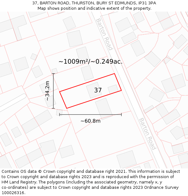 37, BARTON ROAD, THURSTON, BURY ST EDMUNDS, IP31 3PA: Plot and title map