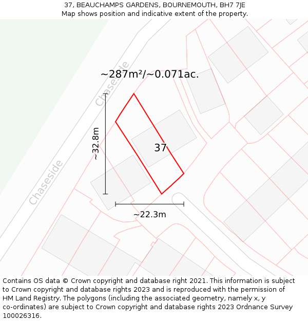 37, BEAUCHAMPS GARDENS, BOURNEMOUTH, BH7 7JE: Plot and title map