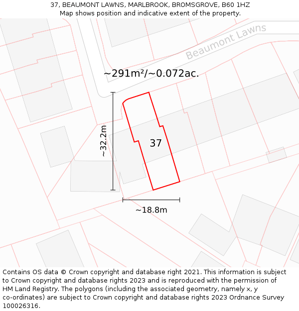 37, BEAUMONT LAWNS, MARLBROOK, BROMSGROVE, B60 1HZ: Plot and title map