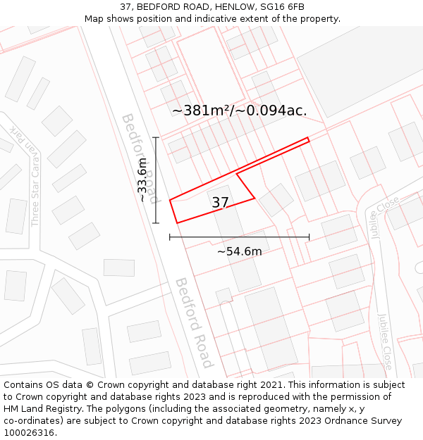 37, BEDFORD ROAD, HENLOW, SG16 6FB: Plot and title map