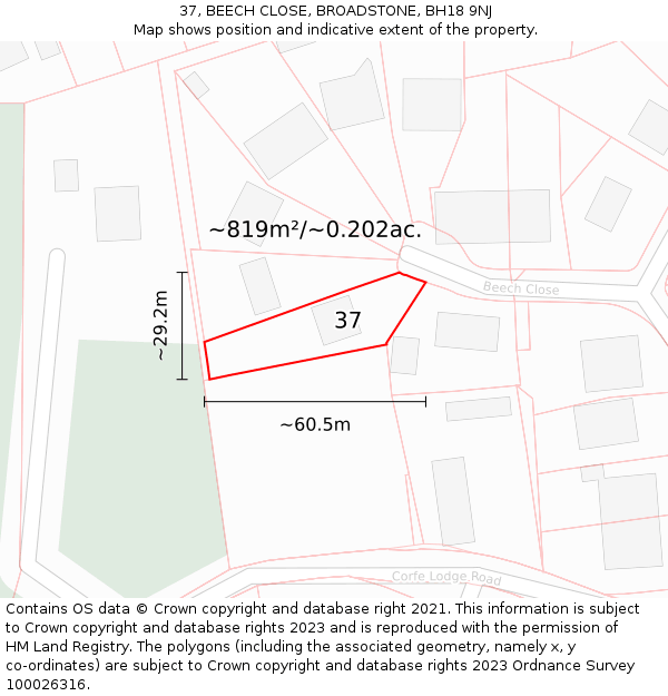 37, BEECH CLOSE, BROADSTONE, BH18 9NJ: Plot and title map