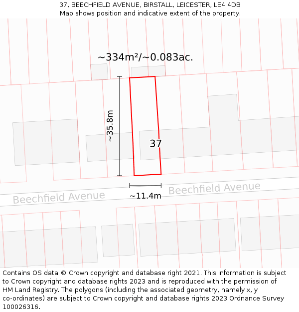 37, BEECHFIELD AVENUE, BIRSTALL, LEICESTER, LE4 4DB: Plot and title map