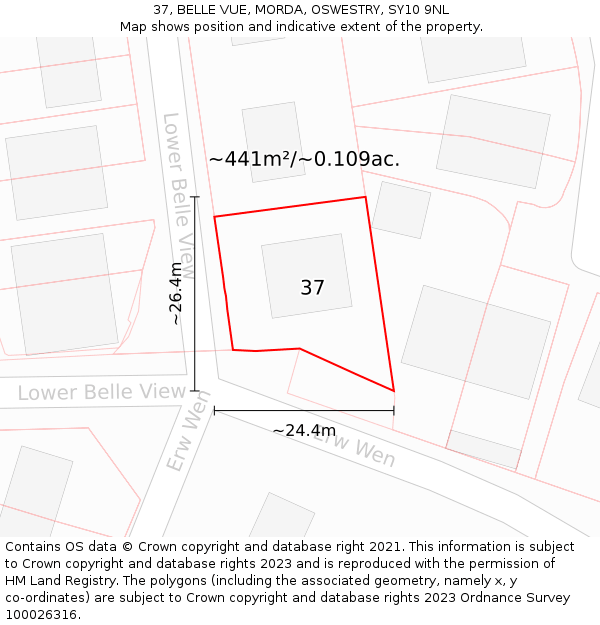 37, BELLE VUE, MORDA, OSWESTRY, SY10 9NL: Plot and title map