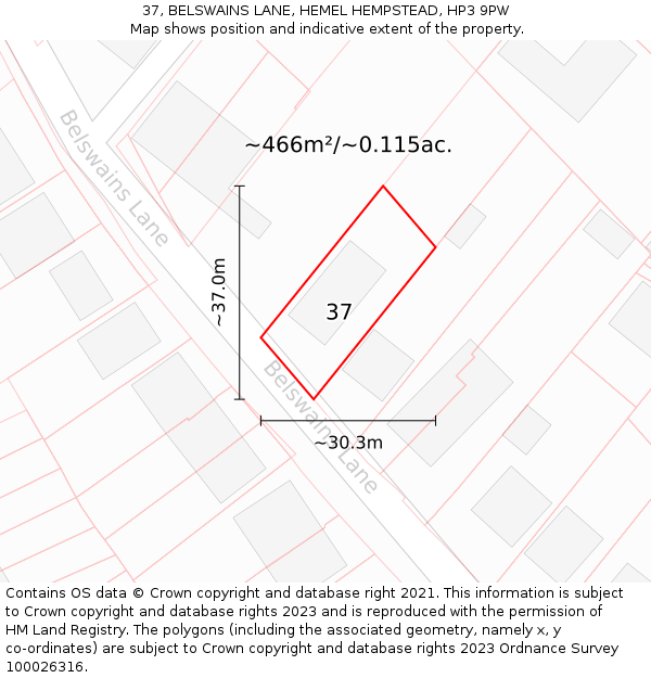 37, BELSWAINS LANE, HEMEL HEMPSTEAD, HP3 9PW: Plot and title map