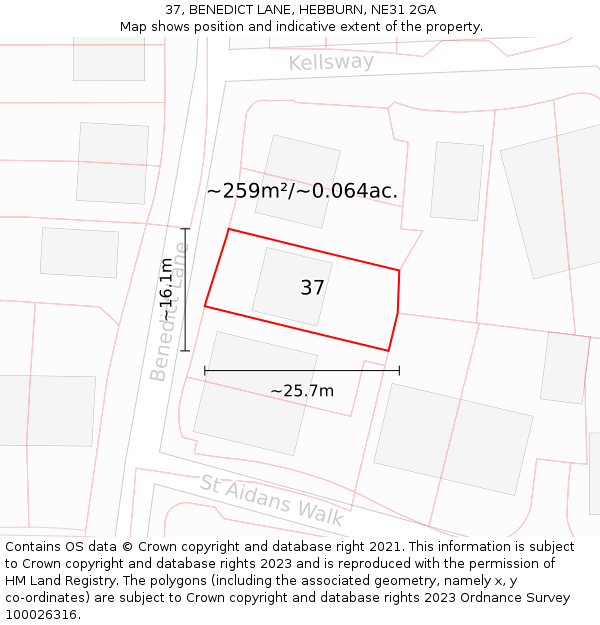 37, BENEDICT LANE, HEBBURN, NE31 2GA: Plot and title map