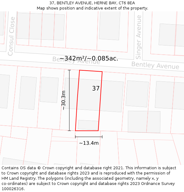 37, BENTLEY AVENUE, HERNE BAY, CT6 8EA: Plot and title map