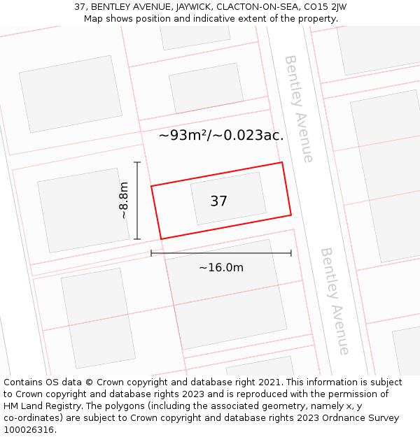 37, BENTLEY AVENUE, JAYWICK, CLACTON-ON-SEA, CO15 2JW: Plot and title map