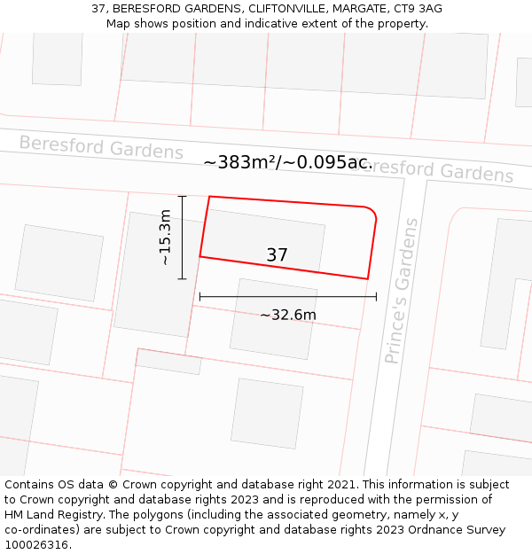 37, BERESFORD GARDENS, CLIFTONVILLE, MARGATE, CT9 3AG: Plot and title map