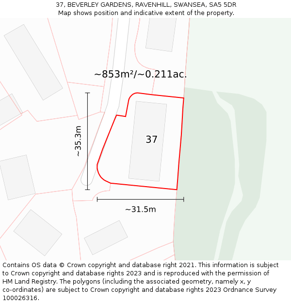 37, BEVERLEY GARDENS, RAVENHILL, SWANSEA, SA5 5DR: Plot and title map