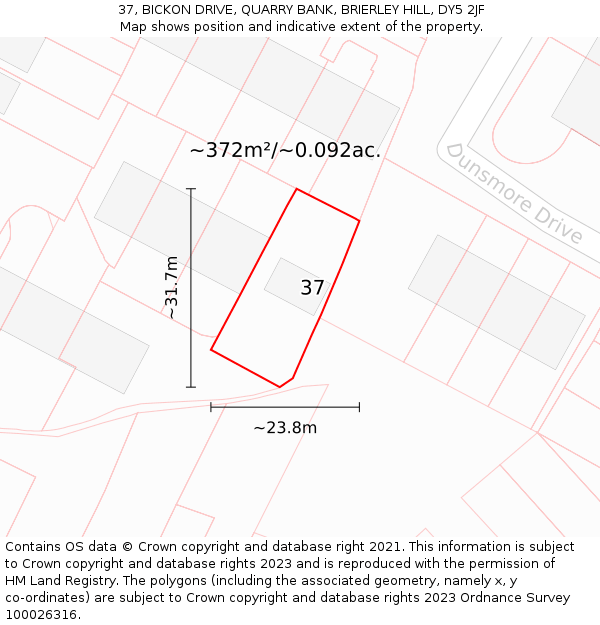 37, BICKON DRIVE, QUARRY BANK, BRIERLEY HILL, DY5 2JF: Plot and title map