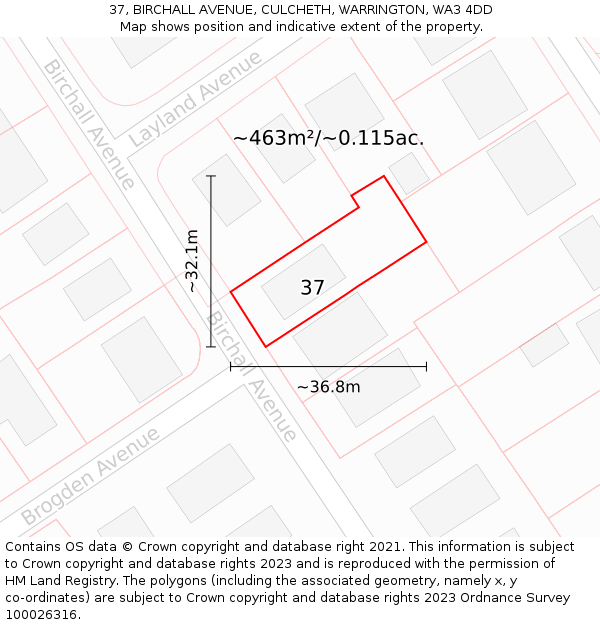 37, BIRCHALL AVENUE, CULCHETH, WARRINGTON, WA3 4DD: Plot and title map