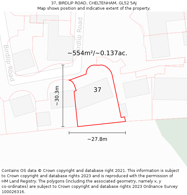 37, BIRDLIP ROAD, CHELTENHAM, GL52 5AJ: Plot and title map