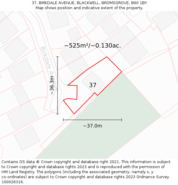 37, BIRKDALE AVENUE, BLACKWELL, BROMSGROVE, B60 1BY: Plot and title map
