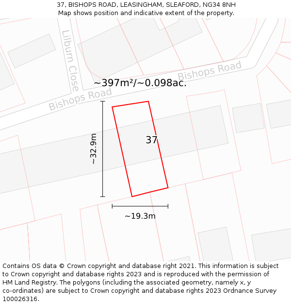 37, BISHOPS ROAD, LEASINGHAM, SLEAFORD, NG34 8NH: Plot and title map